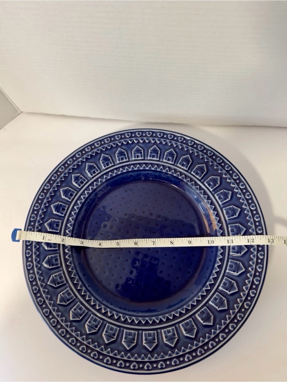 Deep Blue Embossed Ceramic Serving Platter- Textured Geometric Pattern - Picture 4 of 4